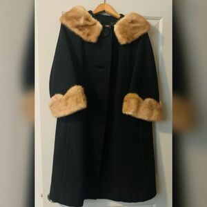 Textured Black Coat with Scalloped Fur Cuffs and Collar